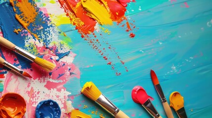 horizontal banner, international children's Day, world artist's day, brushes and paints on a blue background, wall stained with multicolored paint, paint strokes, copy space, free space for text