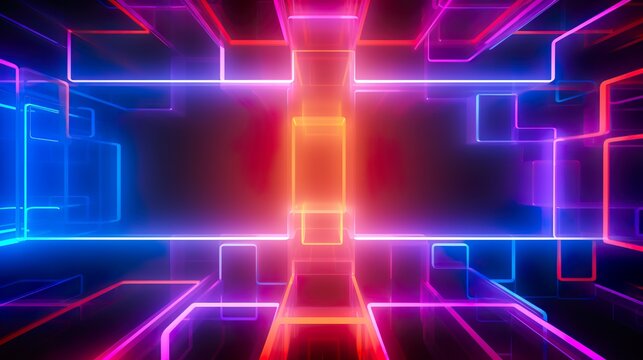 A mesmerizing display of intersecting red and blue neon lines creating a geometric cross, symbolizing digital innovation and connectivity