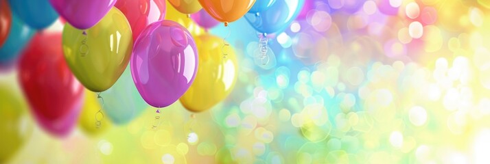 horizontal banner, international children's Day, abstract background, colorful balloons on a green background, sunny day, bokeh effect, copy space, free space for text