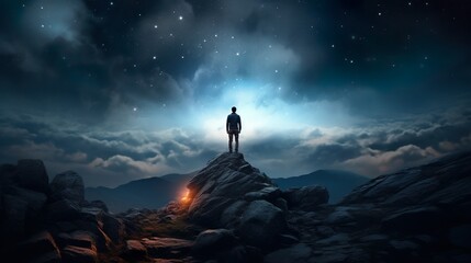 Man standing on a mountain summit at night with stars and distant galaxies in the sky