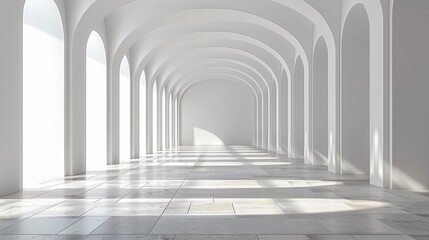 A long hallway with arches and windows in a white room, AI