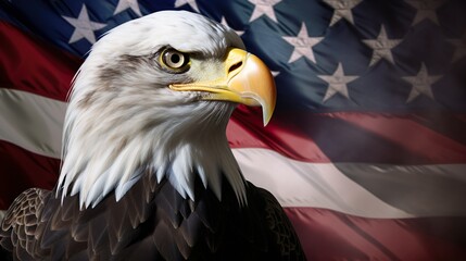 A stunning portrait of a bald eagle juxtaposing its piercing gaze against the folds of the American flag, an emblem of ideals