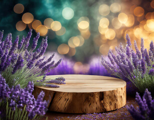 Wooden podium among lavanda flowers. Platform in the blooming purple field with blurry and shimmering background, bokeh effect.