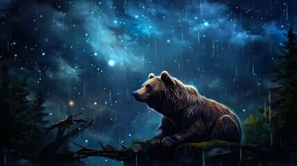 A solemn bear is captured contemplating as stars fall gracefully through the forest night sky
