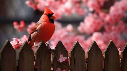 A vivid red cardinal sits atop a wooden fence, surrounded by soft blurred pink florals, showcasing the beauty of nature - Powered by Adobe