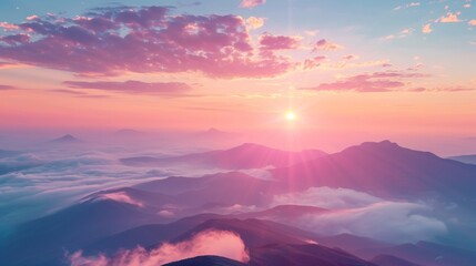 Obraz premium A view of a mountain range with the sun shining through, AI