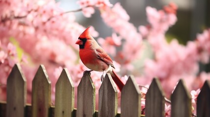This stunning image captures a red cardinal perched on a wooden fence amid blooming cherry blossoms in rich detail