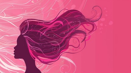 A woman with pink wavy hair is shown in profile against a pink background.