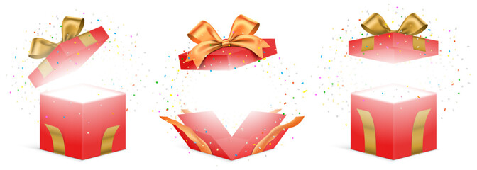 Vector set of red gift boxes with golden ribbons and exploded colorful confetti isolated on a white background. Unfolded surprise giftbox, vector illustration.