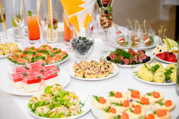 Buffet table with fruit and meat snacks and canapés