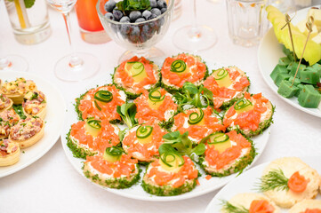 Buffet table with fruit and meat snacks and canapés