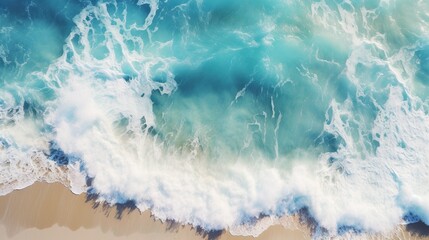 Fototapeta na wymiar This image captures the breathtaking view of foamy ocean waves meeting the sandy beach from an aerial perspective, inducing a sense of calm and majesty