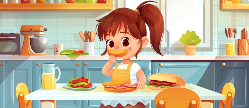 Young girl sitting at kitchen table enjoying a sandwich