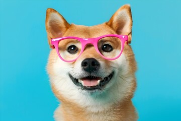 Surprised Ginger Shiba Inu Donning Pink Glasses on Blue Background