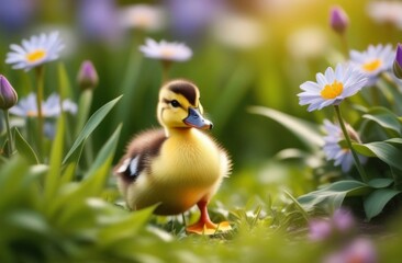 Small newborn ducklings walking on backyard on green grass. Yellow cute duckling running on meadow field in sunny day. Banner or panoramic shot with duck chick on grass.