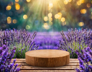 Wooden podium among lavanda flowers. Platform in the blooming purple field with blurry and shimmering background, bokeh effect.