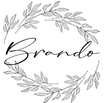 Brando - black color - name written enclosed in a circle crown of leaves - vector graphics - for websites, greetings, banners, cards,, sweatshirt, prints, cricut, silhouette, sublimation