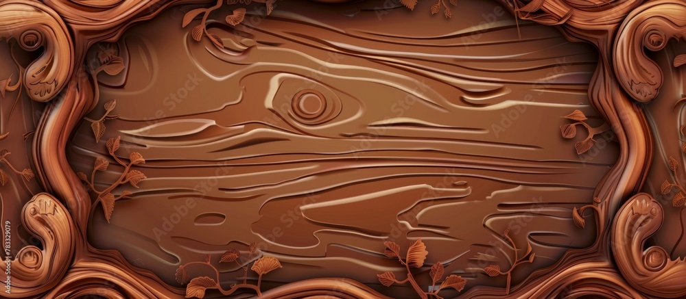 Poster close-up view of a textured chocolate surface featuring an elaborate design