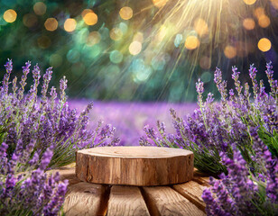 Wooden podium among lavanda flowers. Platform in the blooming purple field with blurry and...