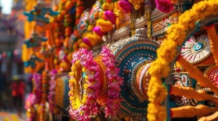 Fototapeta premium Ratha Yatra, Lord Jagannath festival, parade decorated chariots close-up, street carnival procession, yellow marigolds