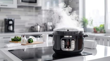 instant pot in action, releasing steam in our chic white kitchen - obrazy, fototapety, plakaty