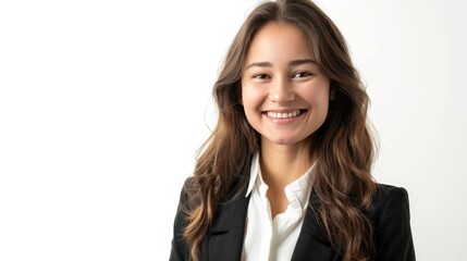 Portrait of young smiling businesswoman isolated on white background - obrazy, fototapety, plakaty