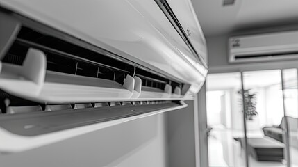 Split air conditioner on a white wall. Closeup image.