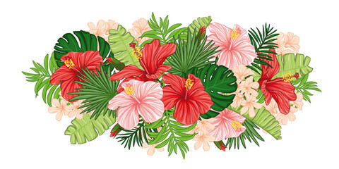 Exotic pattern with green palm leaves, red, pink hibiscus flowers. Composition with plants, leaves and flowers