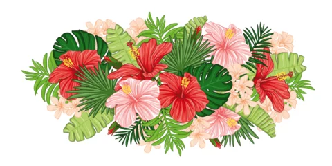 Fotobehang Exotic pattern with green palm leaves, red, pink hibiscus flowers. Composition with plants, leaves and flowers © olechkaart