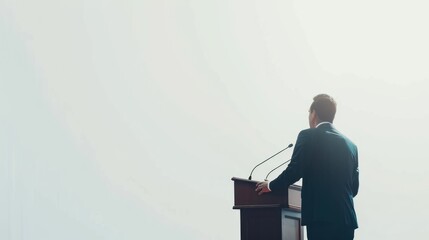 A Business speaker on podium at business conference on white background. AI generated