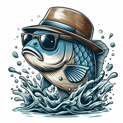 A fish wearing a hat and sunglasses splashing out of the water
