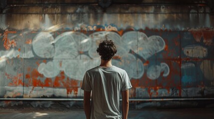 A man standing in front of a graffiti covered wall, AI