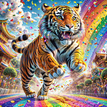  A Painting of a Dazzling Tiger on a Journey Down a Rainbow Road