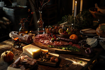 A lavish charcuterie and cheese board set in a festive atmosphere with candles and a diverse selection of accompaniments.