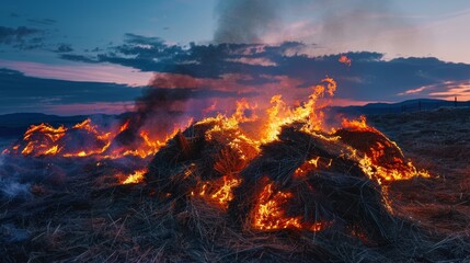 Close up of burning piles of hay lit by the glow of the bonfire flames, a witchy	