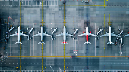 An overhead view of many large passenger planes stuck on the tarmac of a large international airport. - obrazy, fototapety, plakaty