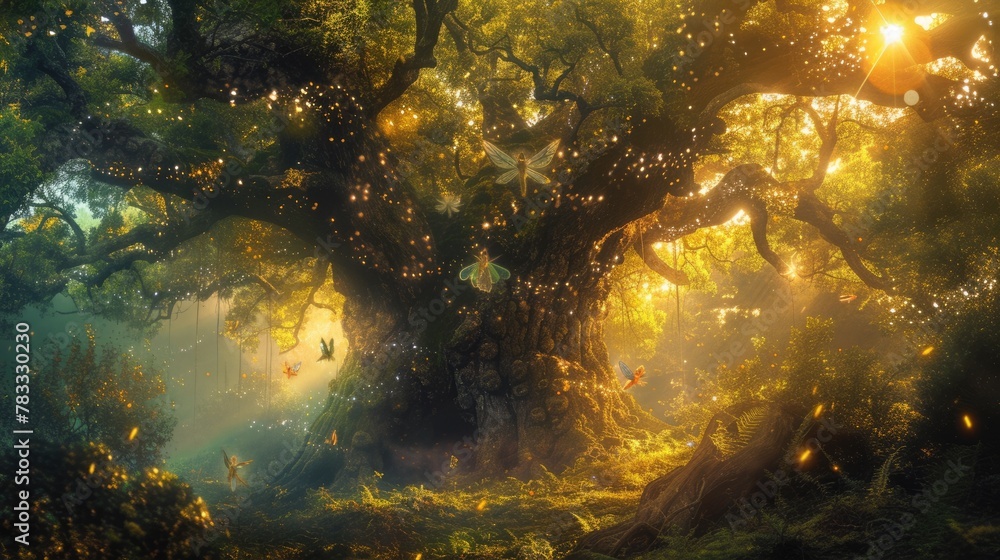 Poster a magical forest at twilight, ethereal light filtering through trees, fairies dancing around an anci