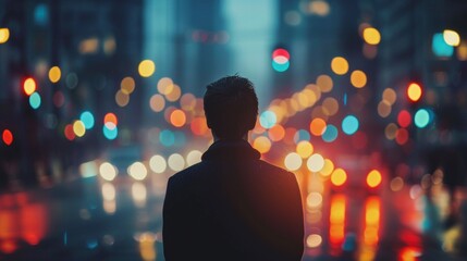 A man standing in the middle of a street with lights on, AI - Powered by Adobe