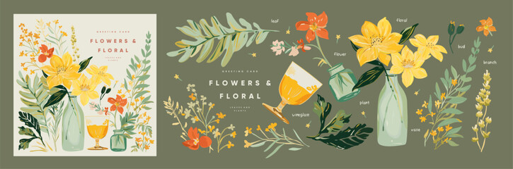 Flowers. Floral greeting card. Vector illustrations of  cute watercolor  plants, leaves,vase, bottle, glass of wine, bouquet for invitation or background. Drawings hand-drawn with gouache paints
- 783330420
