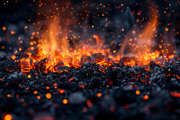 Sparkling embers glowing amidst the ashes of a dying fire, radiating residual heat into the chilly air. Concept of fading warmth and transience. Generative Ai.