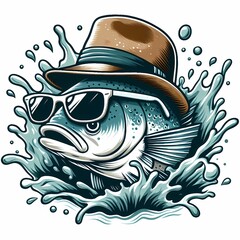 A fish wearing a hat and sunglasses splashing out of the water