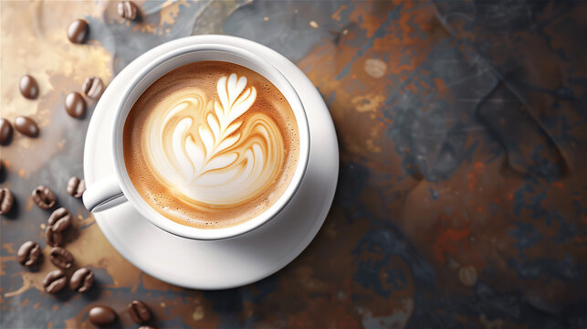 Art coffee in cup of latte coffee on wooden table.