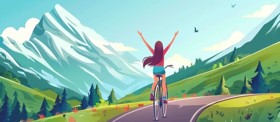Cycling down a scenic road with majestic mountains in the background - obrazy, fototapety, plakaty
