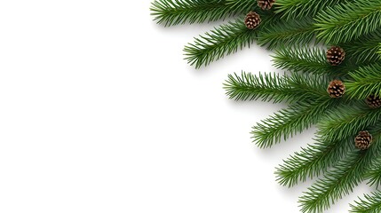 Christmas background with xmas tree and fir cones on white background. Space for text