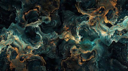 Cosmic-inspired abstract marbled texture in blue and gold hues