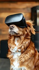 Portrait of a dog wearing VR glasses.