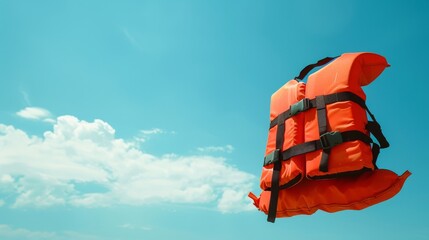 A vibrant orange life jacket hovers mid-air with a vast clear blue sky backdrop, symbolizing safety and freedom in outdoor water activities.