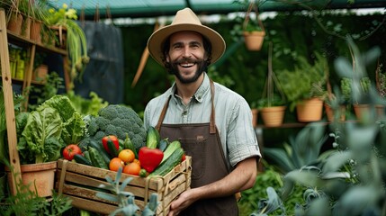 Young man gardener in apron and hat holding a wicker basket full of vegetables looking at front smiling with a happy face, standing over green wall.