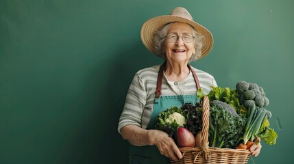 Beautiful senior woman gardener in apron and hat holding a wicker basket full of vegetables looking at front smiling with a happy face. standing over green wall.