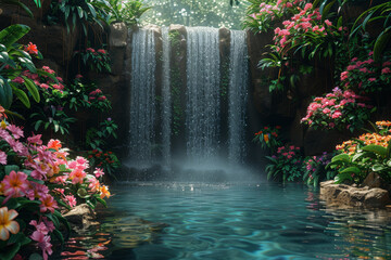 A refreshing waterfall plunging into a crystal-clear pool below, surrounded by lush greenery and vibrant flowers. Concept of natural abundance and vitality. Generative Ai. - obrazy, fototapety, plakaty
